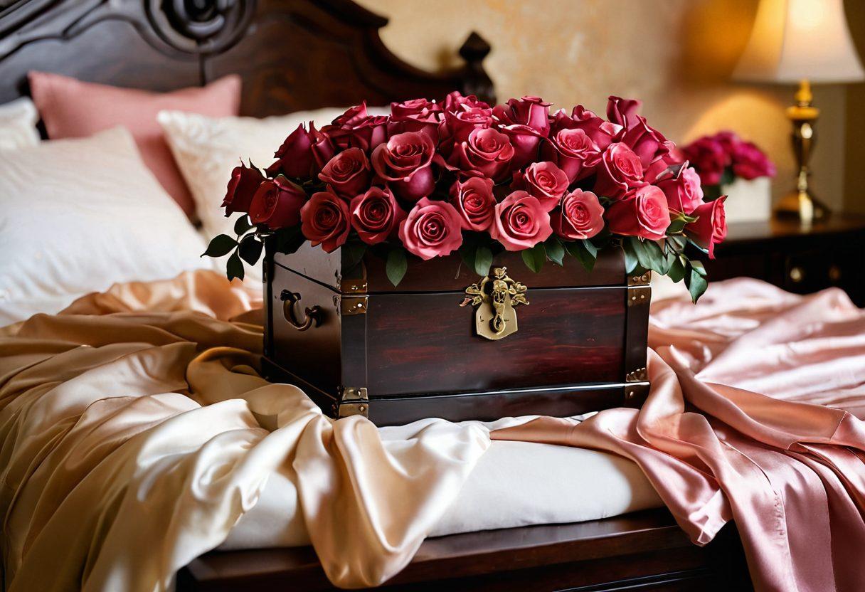A glowing key unlocking a treasure chest filled with roses and silk sheets, symbolizing sensuality and intimacy. Ethereal light surrounds the chest, casting soft shadows on a serene bedroom setting. Silhouettes of a couple can be seen in the background, embodying desire and connection. The color palette features deep reds, soft pinks, and warm golds for a romantic touch. super-realistic. vibrant colors. soft focus.